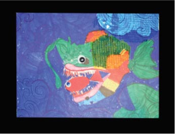 Painting of anglerfish about to eat a goldfish